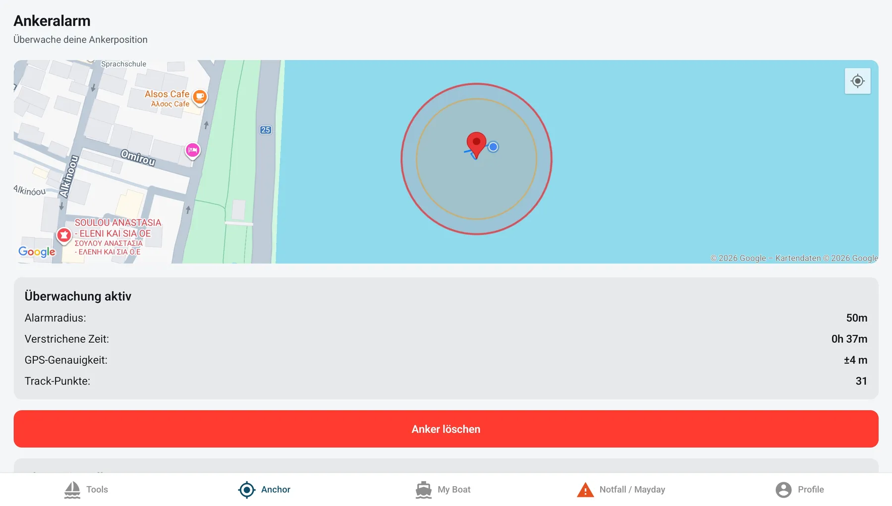 Ankeralarm auf einem Tablet im Querformat: Karte mit Alarmradius, verstrichener Zeit, GPS-Genauigkeit und Track-Punkten